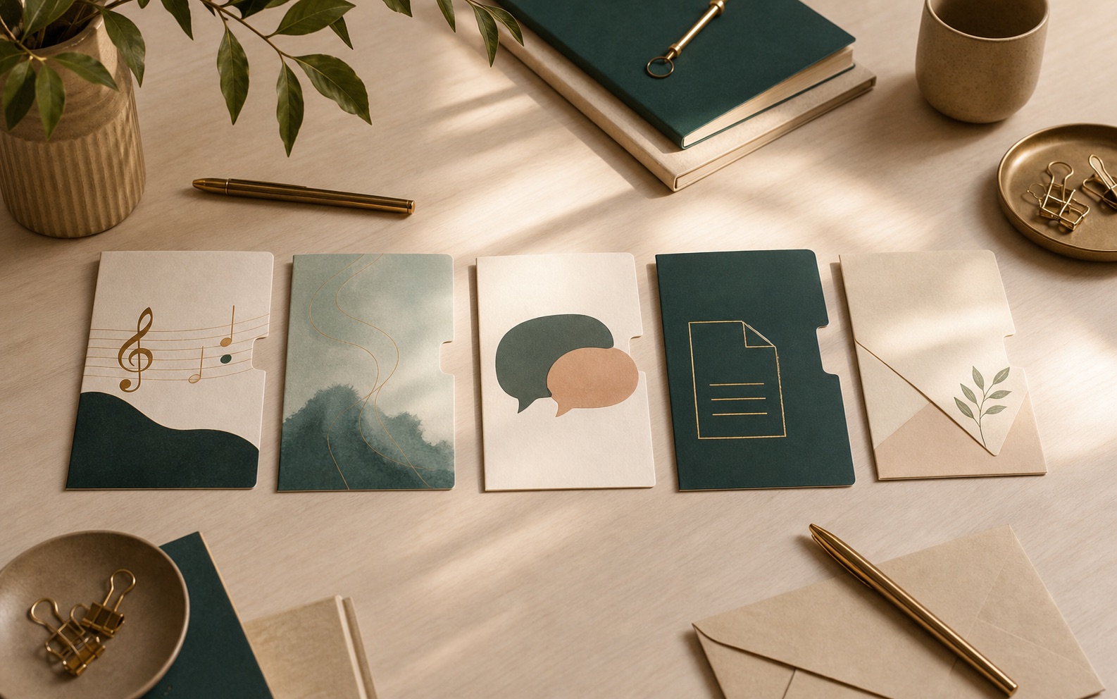 Five organized cards representing the Clear Guide Studio service lines on a warm studio desk.