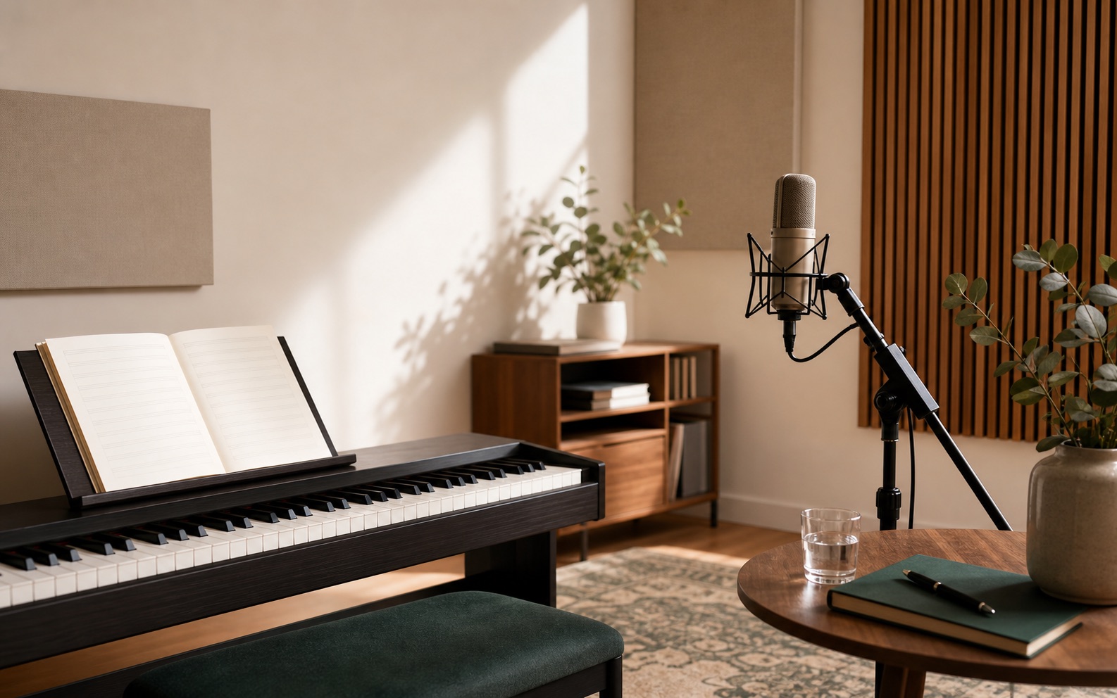 Bright vocal coaching studio with microphone, piano, sheet music, and warm acoustic panels.
